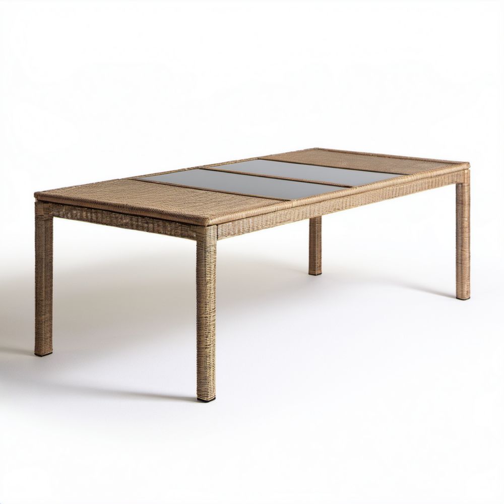 Prostokątny stół ogrodowy z technorattanu i szkła, beżowo-brązowy, 180 × 90 × 75 cm