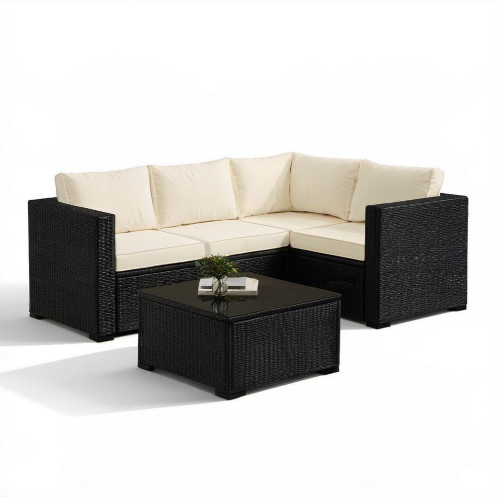 Narożny zestaw mebli ogrodowych z technorattanu, czarno-kremowy, sofa 193 x 140 x 60 cm i stolik 60 x 60 x 30 cm