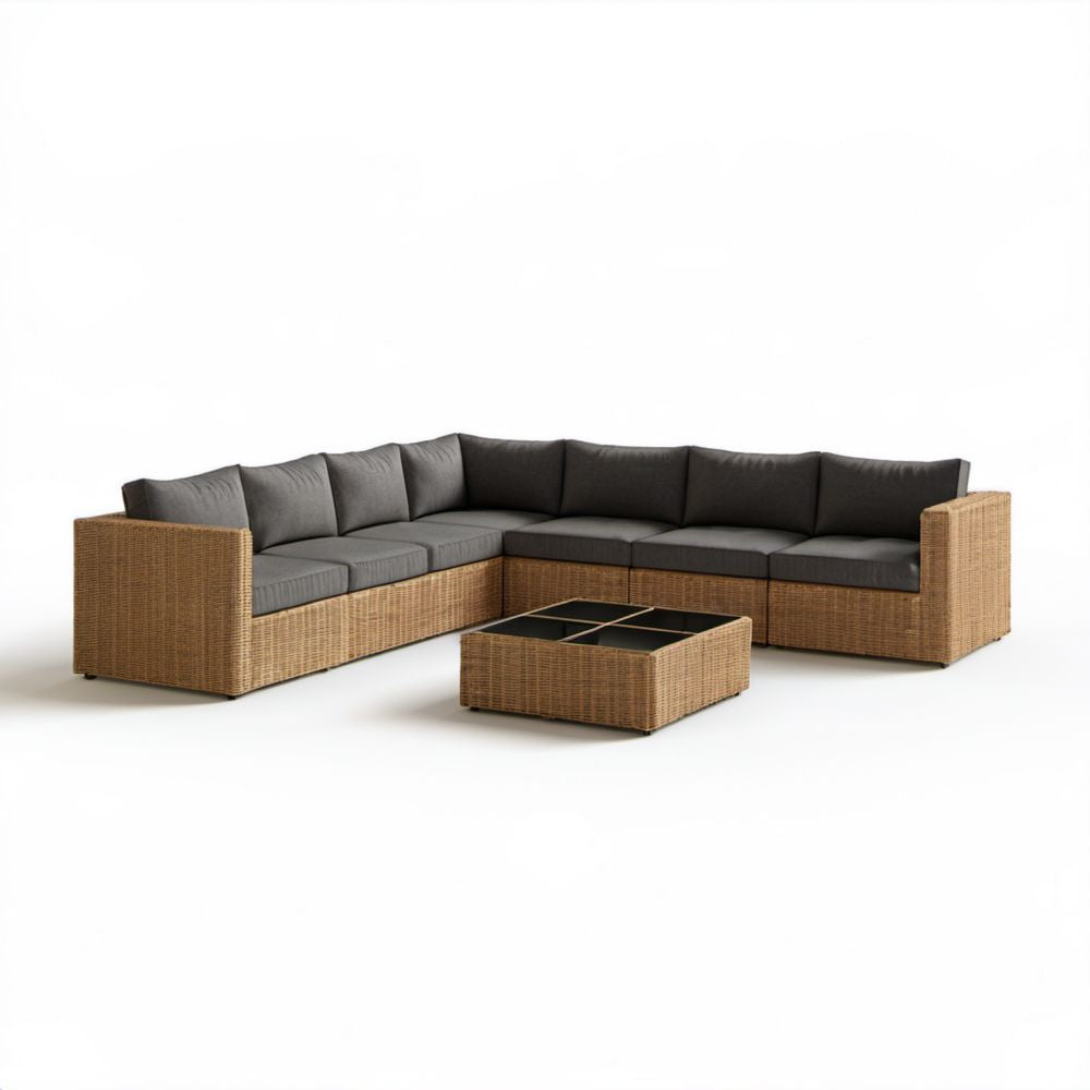 Ogrodowy zestaw wypoczynkowy z technorattanu – narożna sofa 7-osobowa 305 × 235 × 65 cm ze stolikiem 100 × 60 × 45 cm, brązowo-ciemnoszary