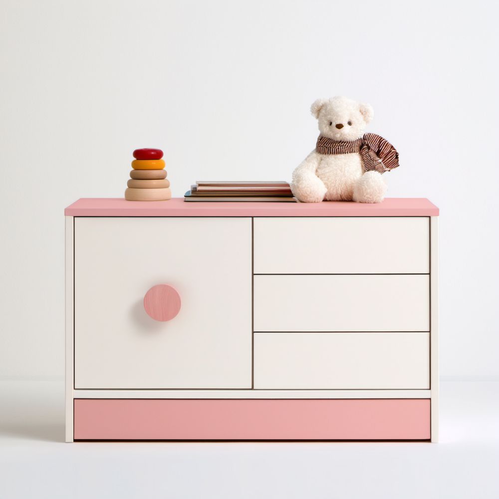 Komoda dziecięca MDF z 4 szufladami i szafką, biało-różowa, 100 x 40 x 80 cm
