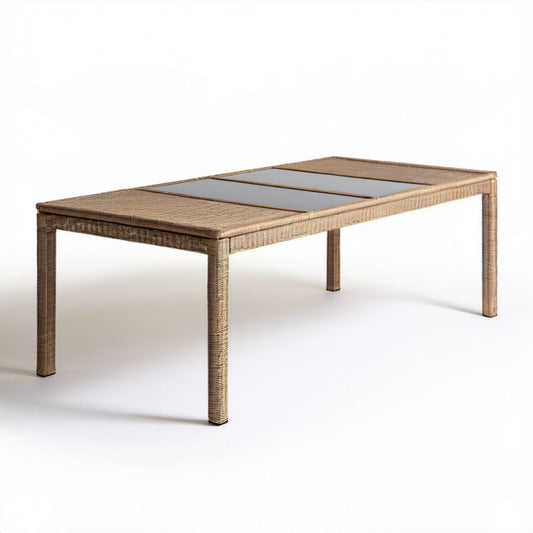 Prostokątny stół ogrodowy z technorattanu i szkła, beżowo-brązowy, 180 × 90 × 75 cm