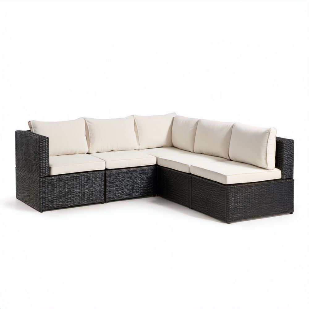 5-osobowa narożna sofa ogrodowa z technorattanu, czarna/kremowa, 250 × 190 × 65 cm