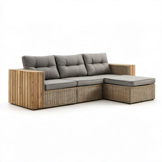 Narożna sofa ogrodowa 3-osobowa z prawostronnym szezlongiem, szara/beżowa/brązowa, z technorattanu PE i drewna akacjowego, 235 x 150 x 78 cm