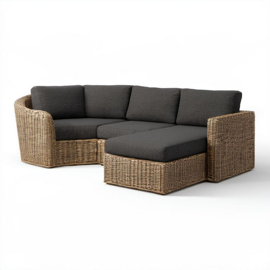 Ogrodowa sofa narożna 3-osobowa z technorattanu, brązowa z ciemnoszarymi poduszkami, 220 × 160 × 85 cm