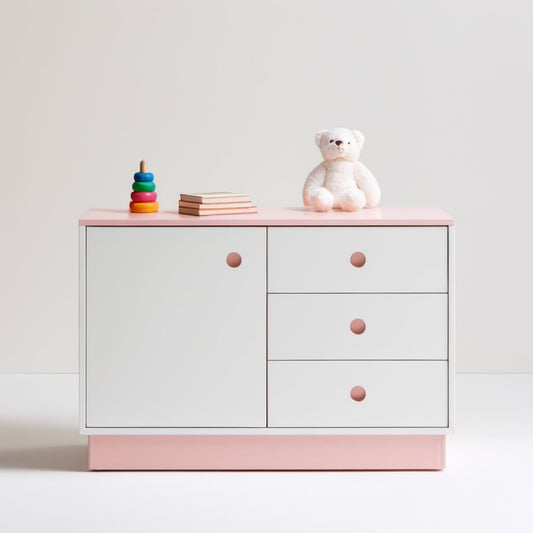 Komoda biała i jasnoróżowa z 3 szufladami i szafką, lakierowana płyta MDF, 100 x 45 x 80 cm