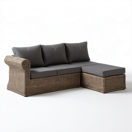Ogrodowa sofa narożna z technorattanu brązowa z antracytowymi poduszkami 200 × 140 × 85 cm
