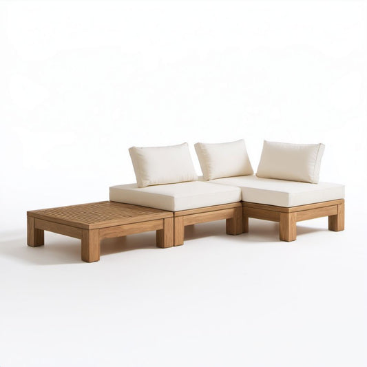Drewniana modułowa sofa narożna ogrodowa z leżanką, naturalna/kremowa, 230 × 150 × 68 cm