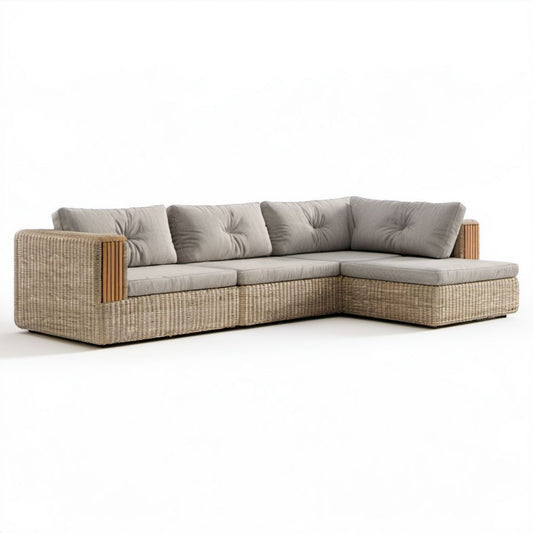 Prawostronna narożna sofa ogrodowa z technorattanu beżowo-szara 250 × 170 × 70 cm