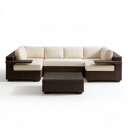 4-częściowy ogrodowy zestaw wypoczynkowy z rattanu ciemnobrązowy/kremowy, sofa 250 × 80 × 75 cm