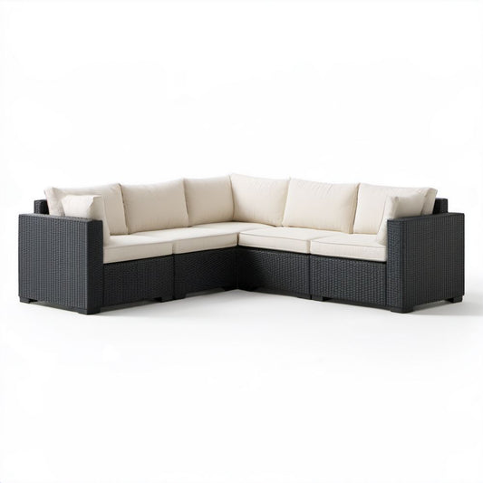 5-osobowa narożna sofa ogrodowa z technorattanu, czarna z beżowymi poduszkami, 225 x 225 x 65 cm