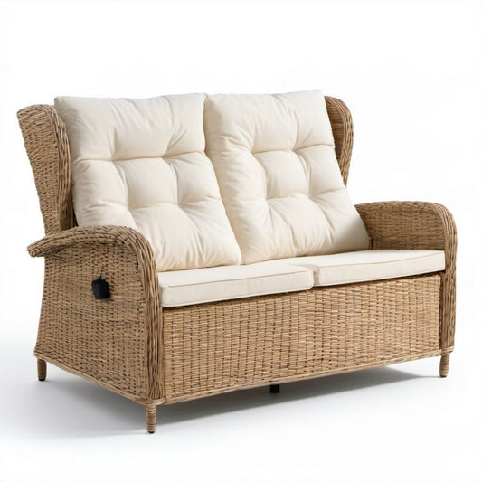 Dwuosobowa sofa ogrodowa z rattanu z beżowymi poduszkami, 140 x 80 x 100 cm