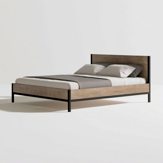 Łóżko dwuosobowe drewniano-stalowe z zagłówkiem 160 × 200 cm, brązowo-czarne